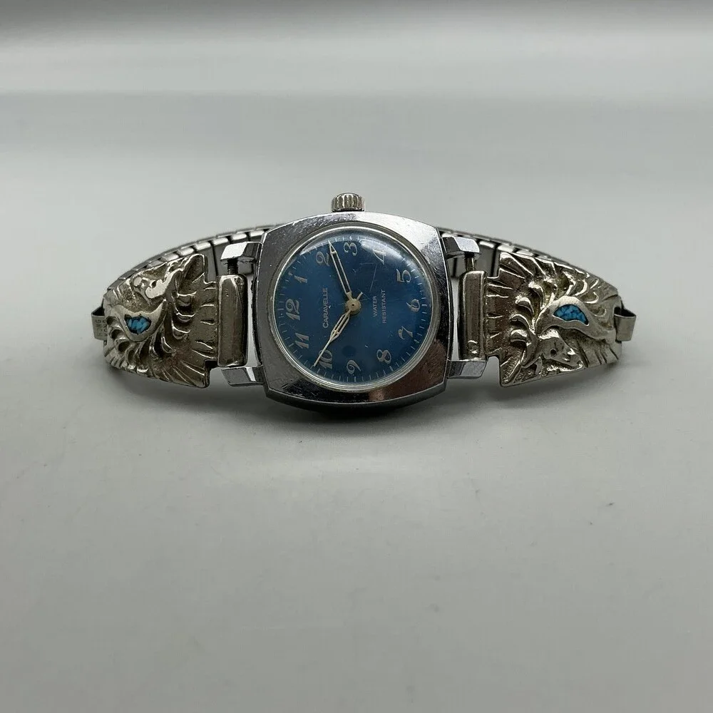 Vtg Caravelle Womens Watch 23mm Sterling Native American Signed Turquoise Manual